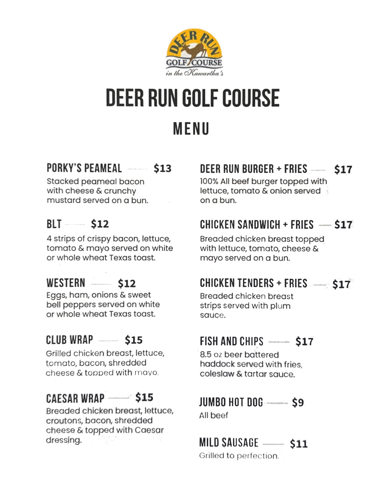 Deer Run Golf Course Menu 2025