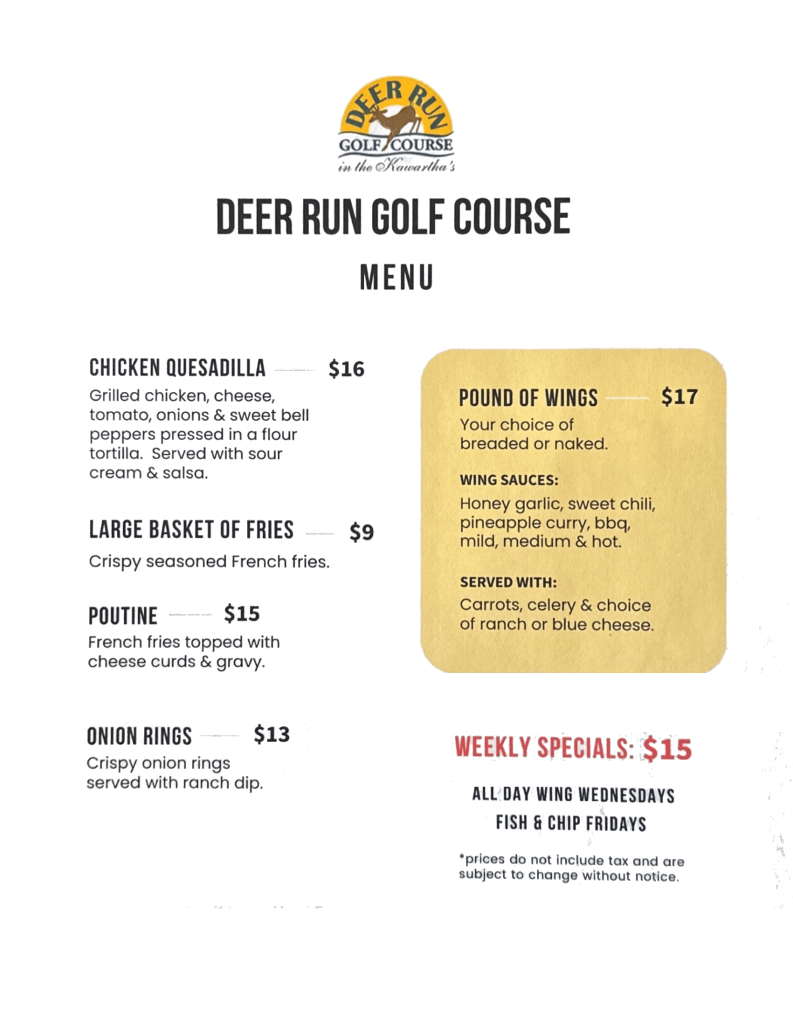 Deer Run Golf Course Menu 2025